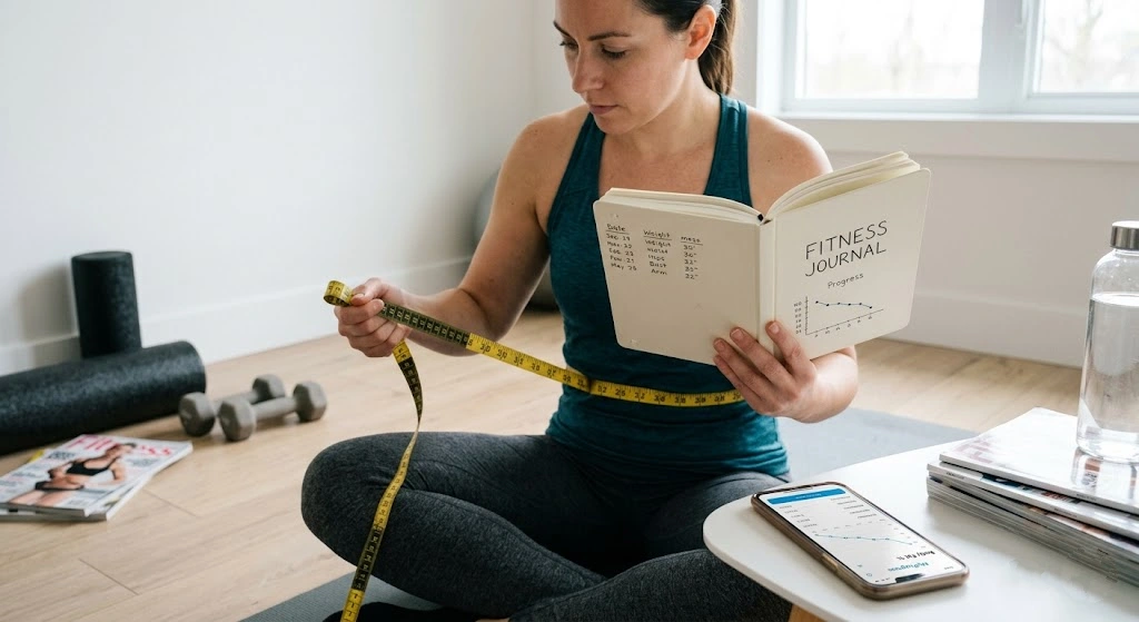 A person comparing their body measurements with a notebook or app, showing progress in fitness or weight loss