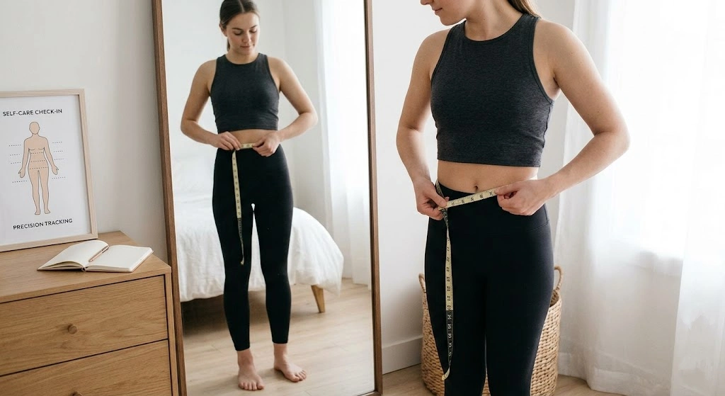 A person in athletic clothing measuring their waist with a cloth measuring tape, standing in front of a mirror